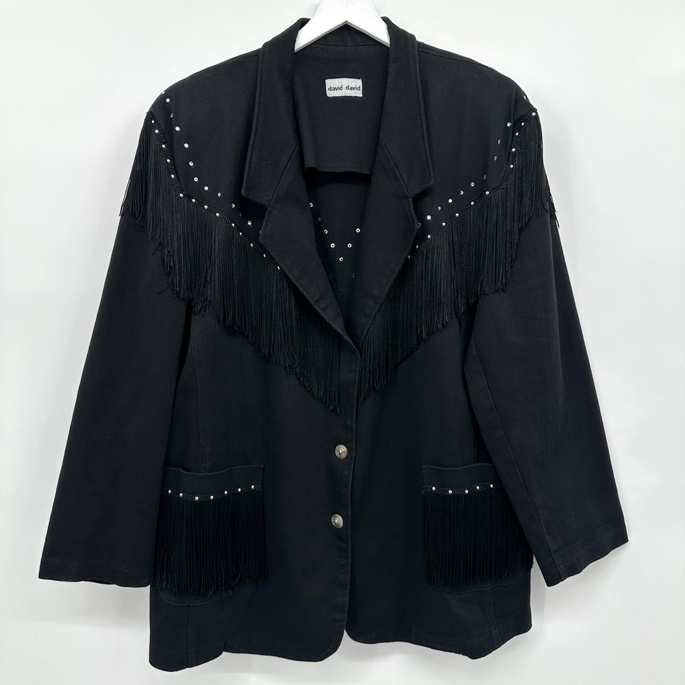 Vintage Western Glam‎ Denim Jacket Coat Size 2X 3X Fringe Studded Shoulder Pads